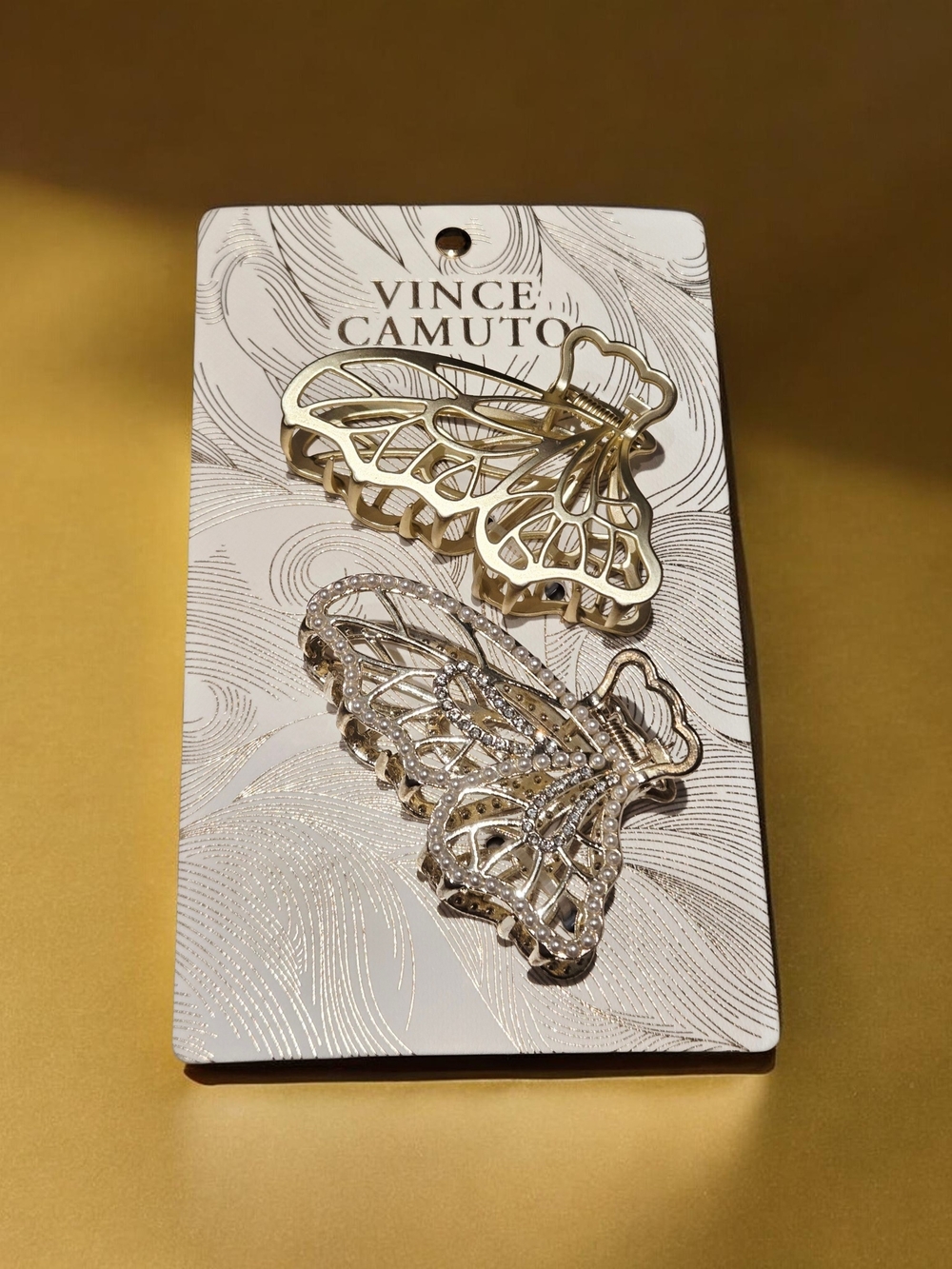 NEW Vince Camuto Butterfly Design Metalic Claw Hair Clips in Gold Crystal  3"